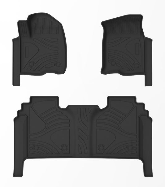 Tapis de sol pour Chevrolet Silverado 1500 Crew Cab 2019-2024, sièges baquets avant et rangée arrière avec espace de rangement recouvert de moquette d'usine, 1ère et 2ème rangées, noir